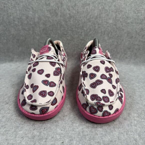 Hey Dude Shoes Youth 4 Wendy White Pink Slip On Heart Print Comfort Shoes New - Picture 2 of 10